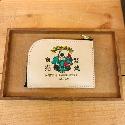幸運を呼び込む、恵比寿天を描いた手描きイラスト入り、Lファスナーヌメ革財布