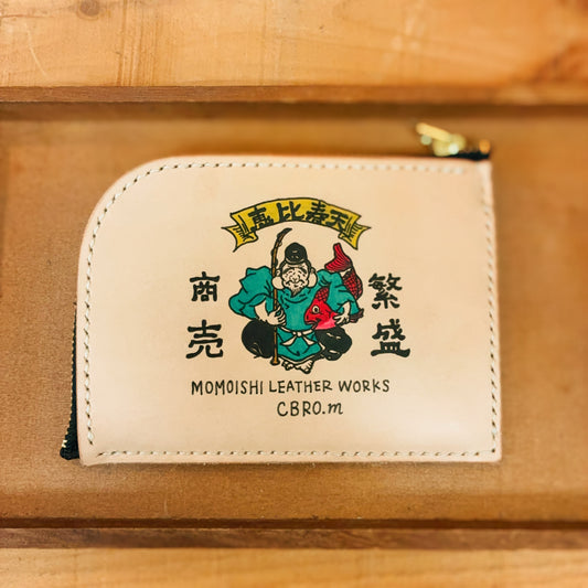 幸運を呼び込む、恵比寿天を描いた手描きイラスト入り、Lファスナーヌメ革財布